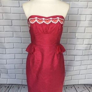Lilly Pulitzer Hot Pink Strapless Embroidered Dress Peplum Womens 4